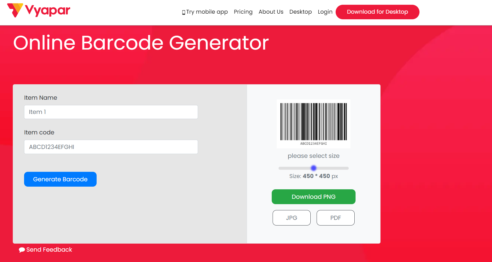 Vyapar Barcode Generator Interface Vyapar barcode generator showing item name, code, size selection, format options, and download button.