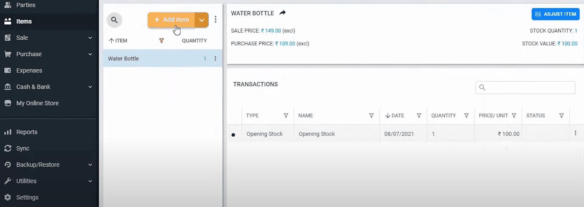 Vyapar Inventory Dashboard Inventory dashboard showing product list with sale and purchase prices, stock quantity, total stock value, and transaction records