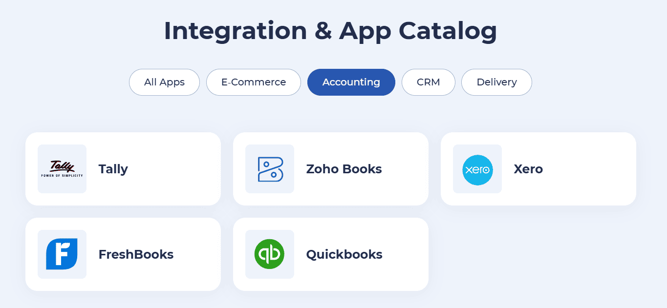 Kladana Integrations with Accounting Solutions A screenshot showing the list of accounting solutions that can synchronize with Kladana