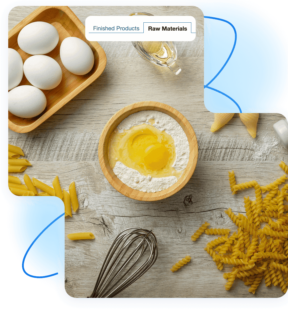 Screenshots showing the selection between finished product and raw material in BOM