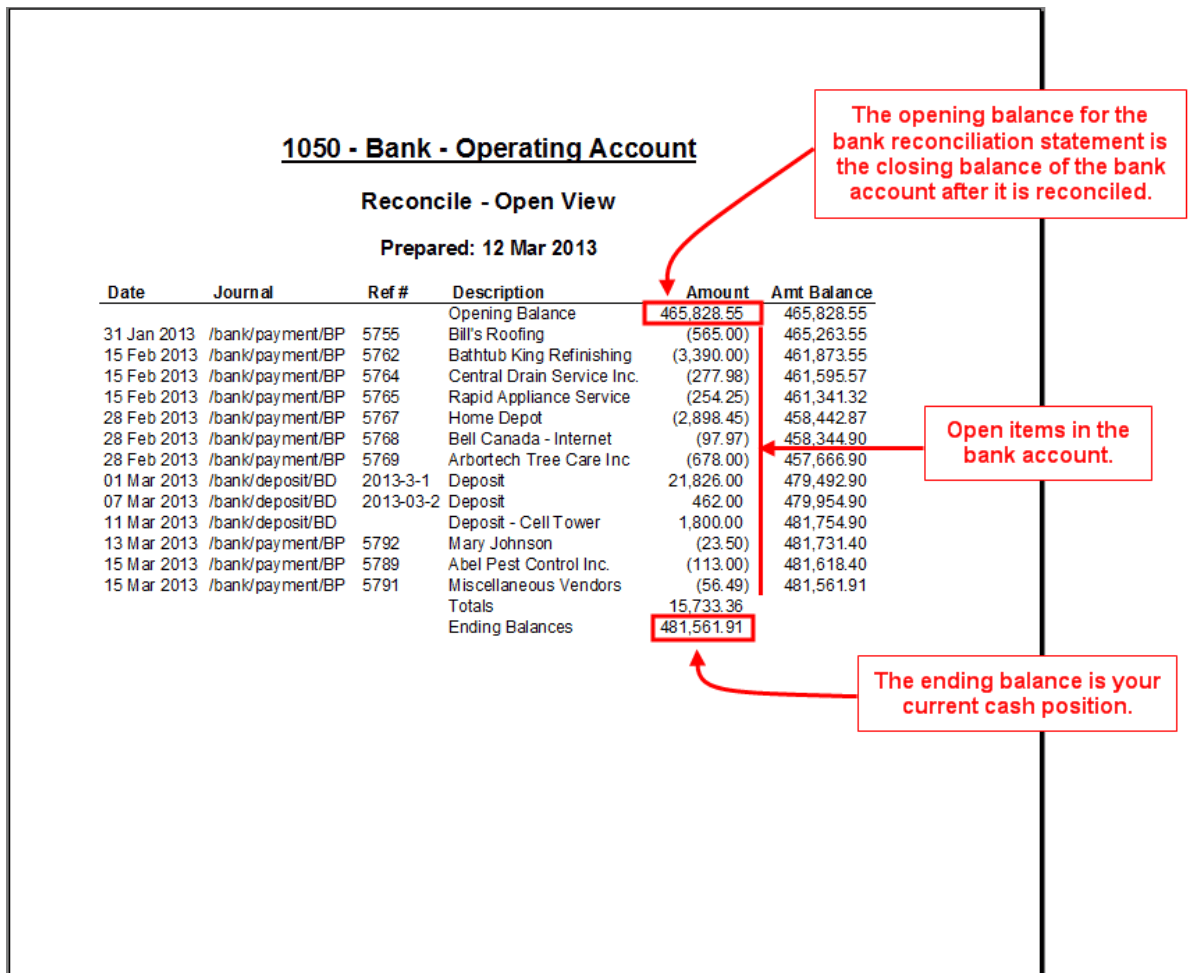 Opening and closing balance reconciliation An image of bank reconciliation with opening and closing balances