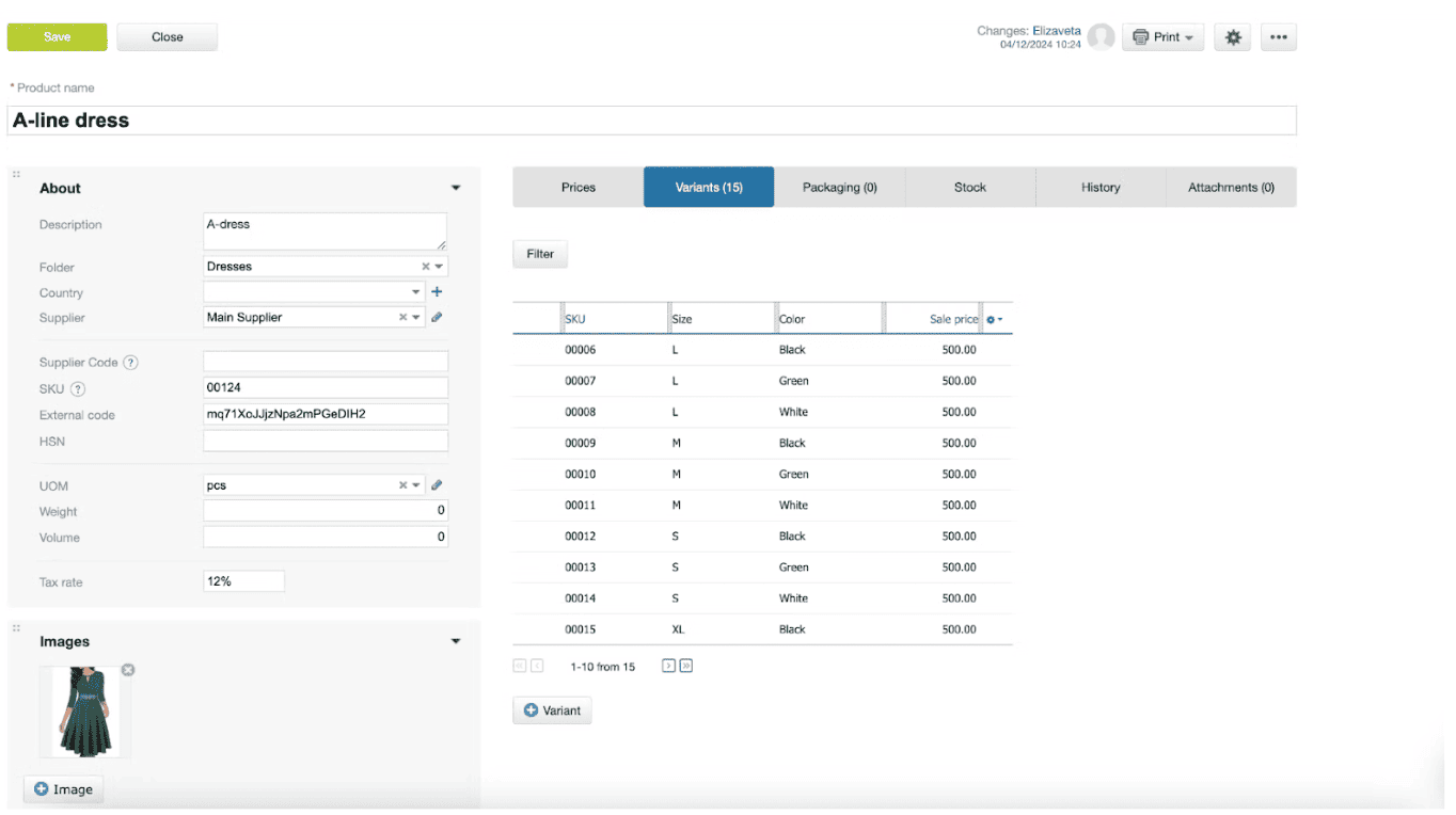 A screenshot showing the inventory tracking module in Kladana