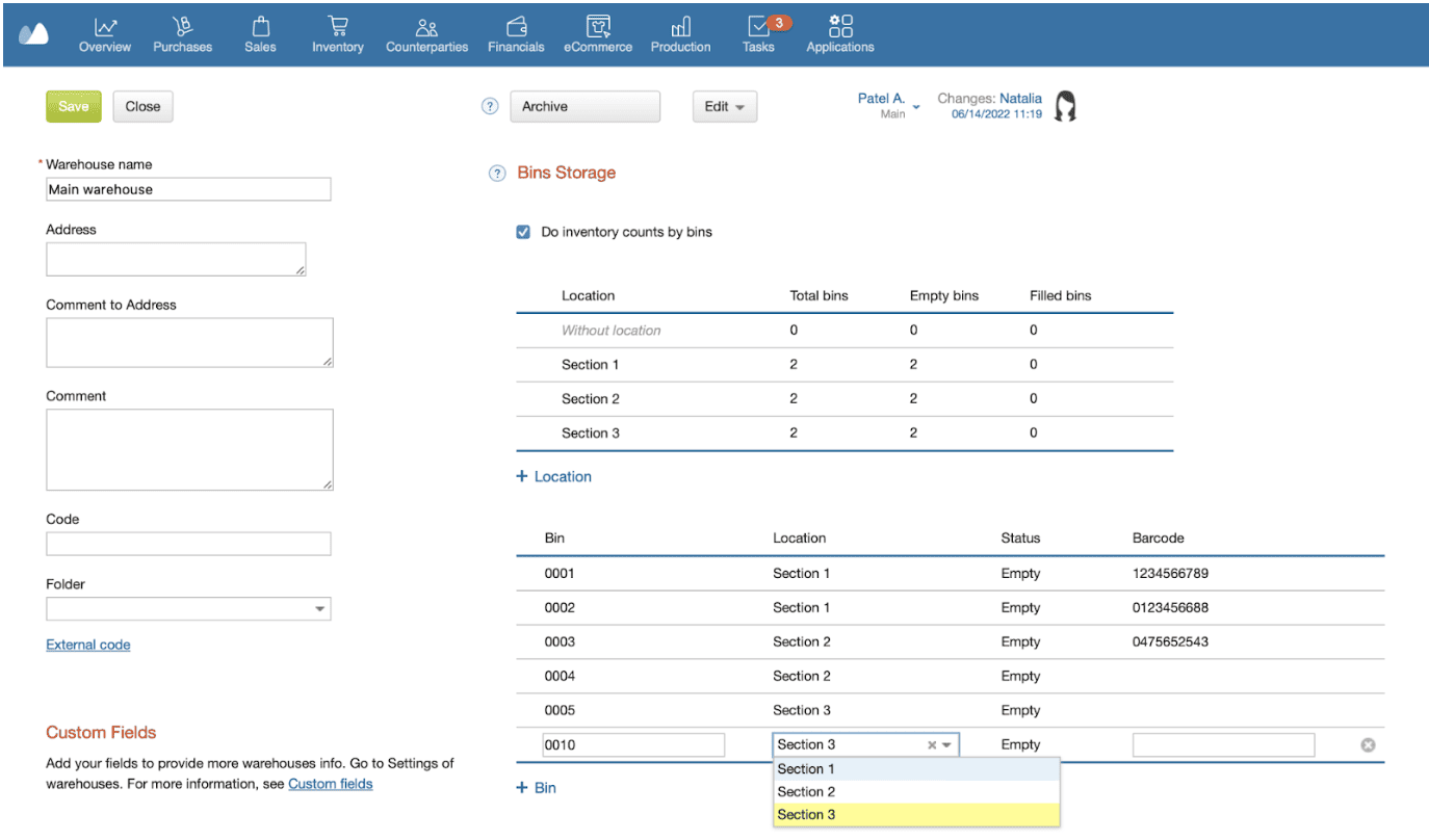A screenshot showing the multi-location stock control management in Kladana