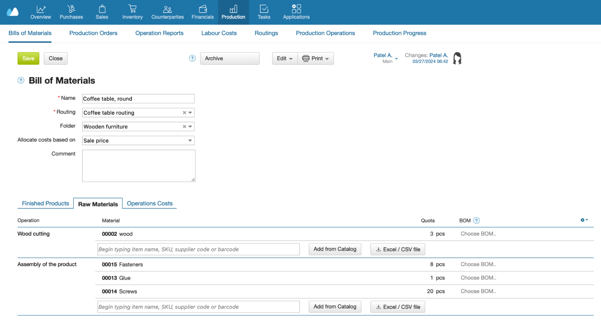 Screenshots showing the details of the manufacturing BOM in Kladana
