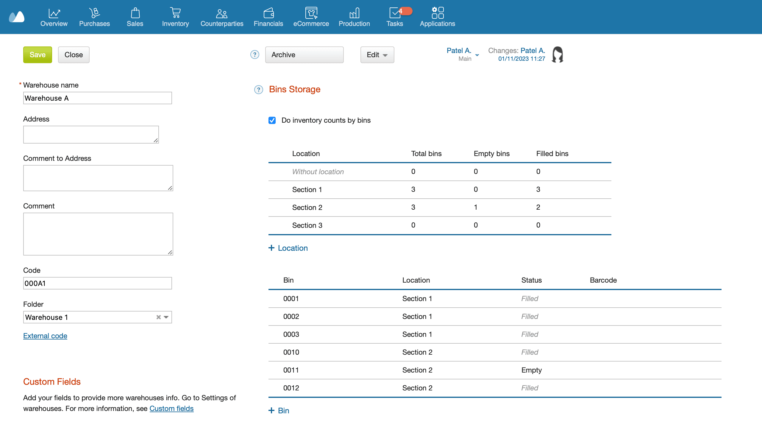 Screenshot of Kladana Bin Storage Menu