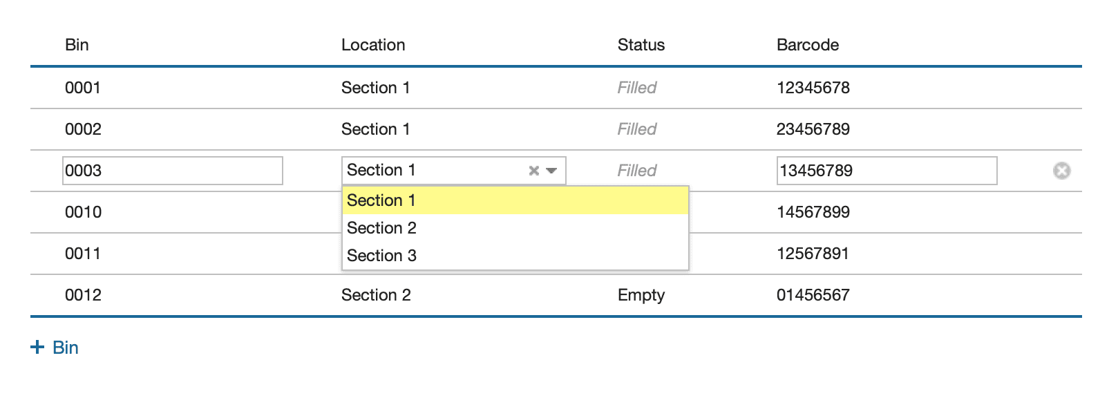 Screenshot showing how to create, name, and assign location for bins