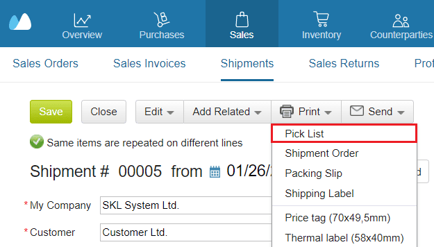 Screenshot showing how to create and print a pick list in Kladana