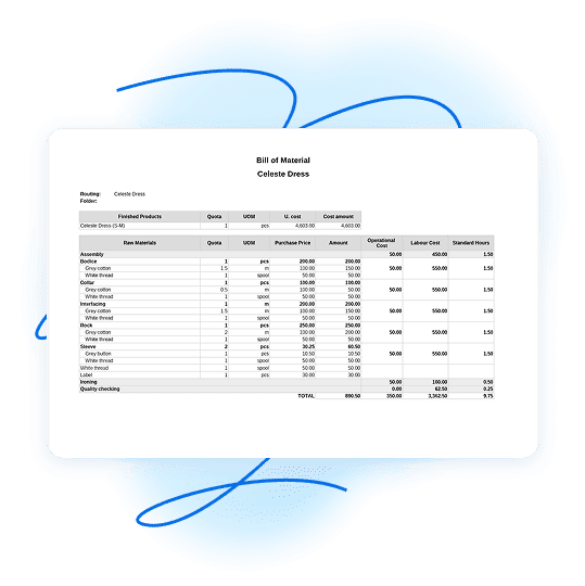 Printable BOM form showing raw materials, quantities, costs, and standard hours for quality checks and documentation