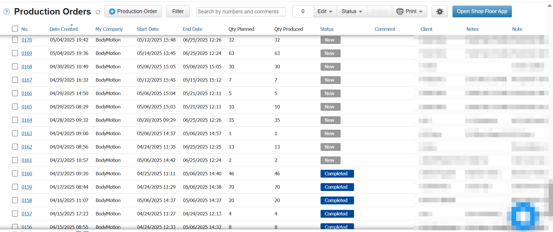 List showing start and end dates, planned vs. actual production quantities, order statuses, client info, and notes