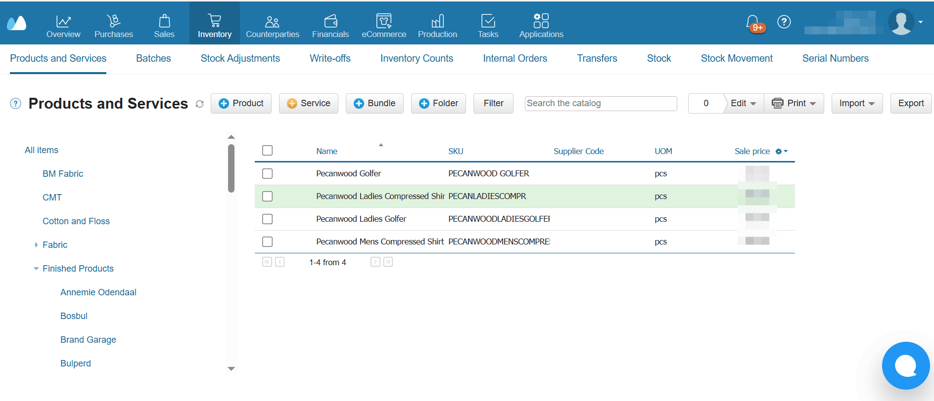 Raw materials, and finished products organized in a catalogue with SKUs, UOMs, and prices
