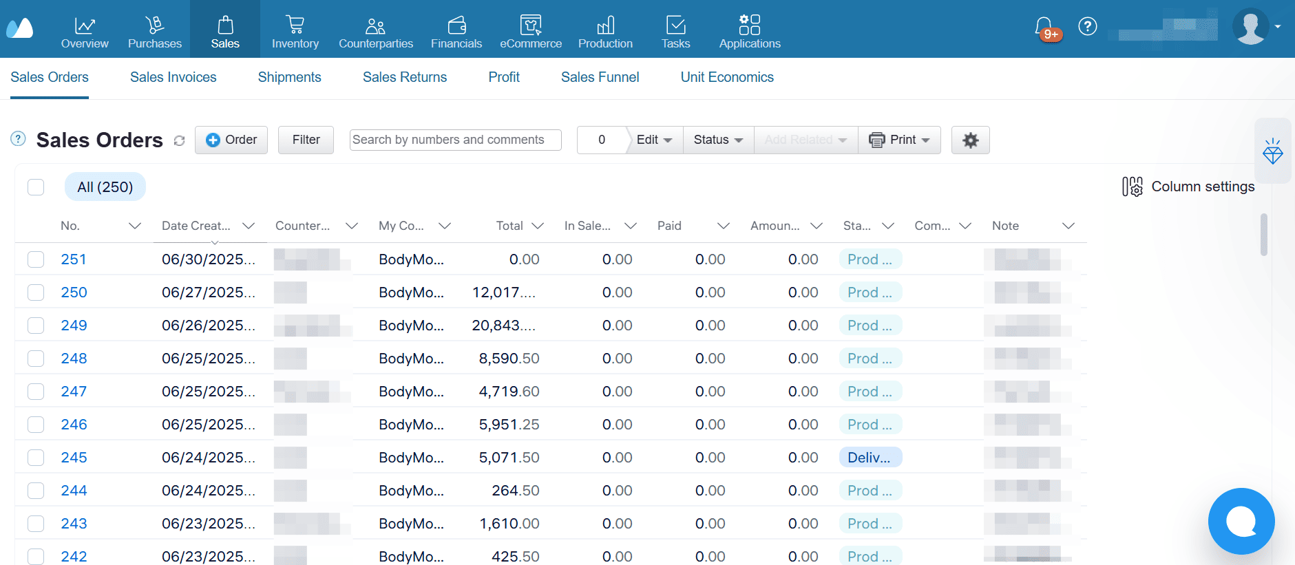 List displaying sales order statuses, client details, total amounts, and notes