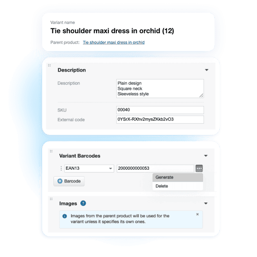 Product card for a dress showing SKU, variant details, and barcode