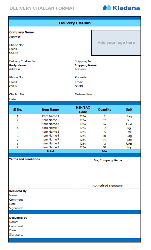 Delivery Challan Format Sample Template 3 A blank Delivery Challan sample template with sections for sender, recipient, item details, and tax calculations