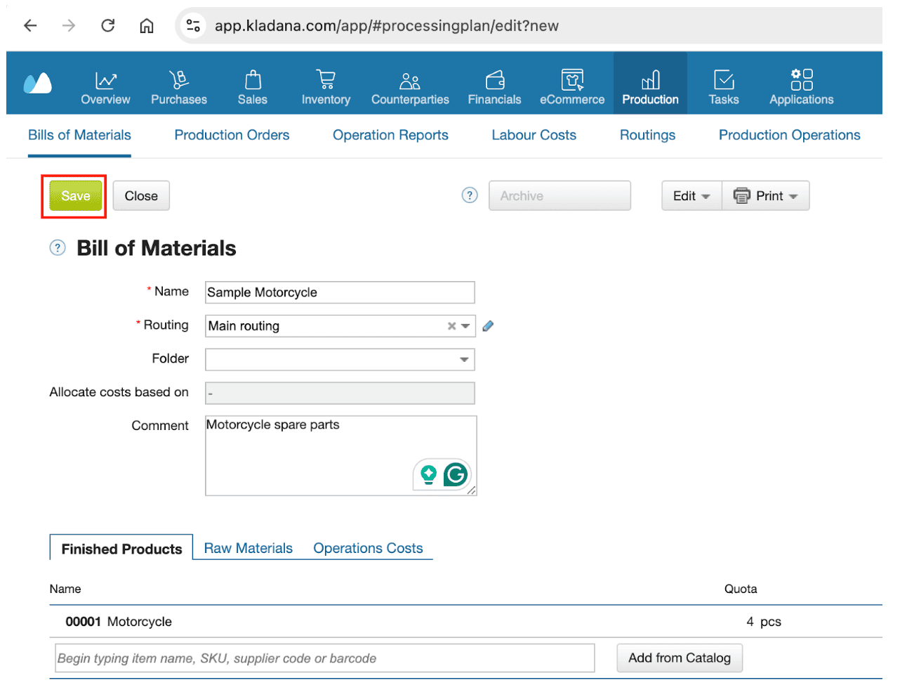 Screenshot showing how to save a newly created BOM in Kladana Production module