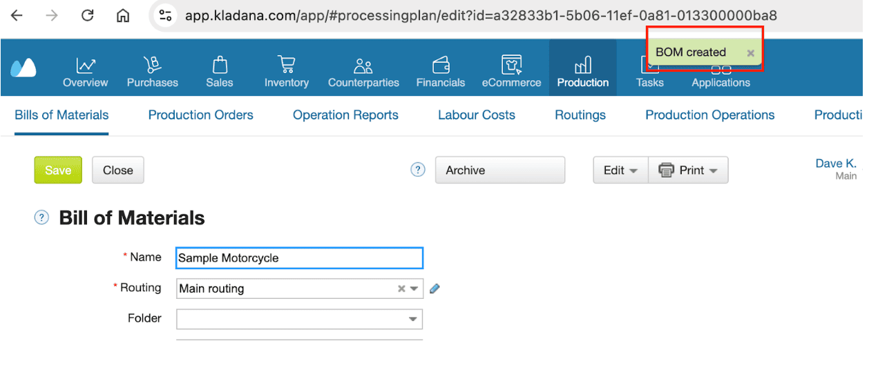 Screenshot showing how a new BOM is saved in Kladana Production module