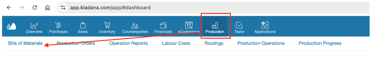 Screenshot showing how to enter BOM menu in Production Module of Kladana