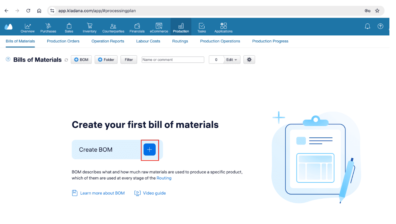Screenshot showing how to start BOM creation in Kladana