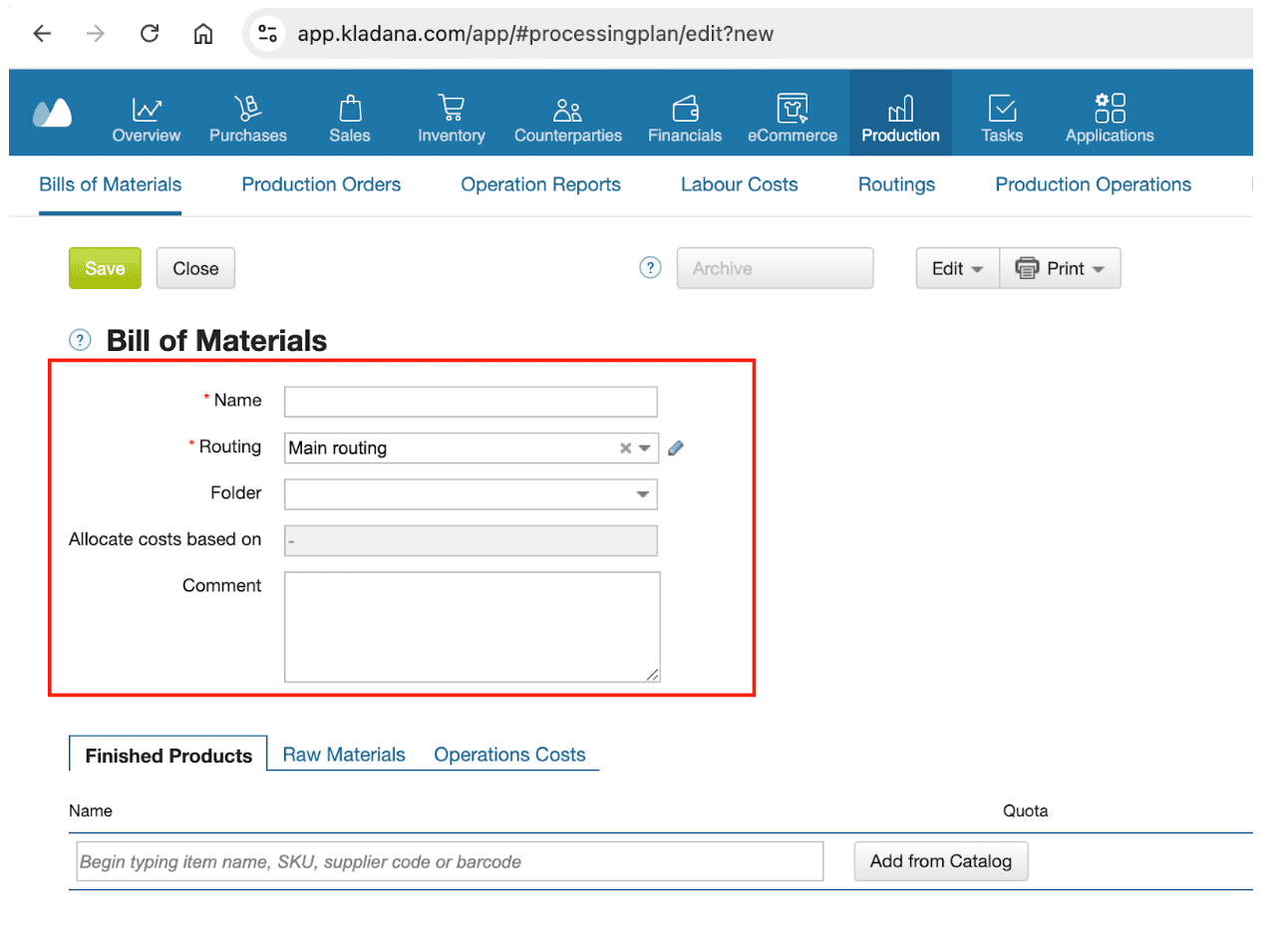 Screenshot showing how to add details for a new BOM in Kladana