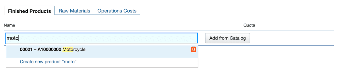 Screenshot showing how to search for finished products in BOM in Kladana