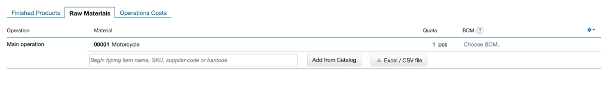 Screenshot showing how to add raw materials to a new BOM in Kladana