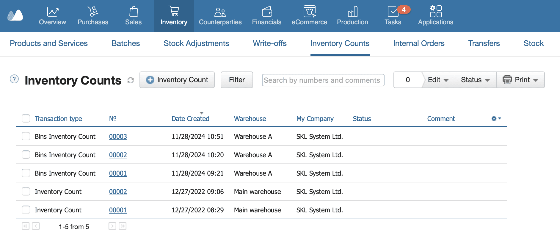 A screenshot of inventory counts feature in Kladana