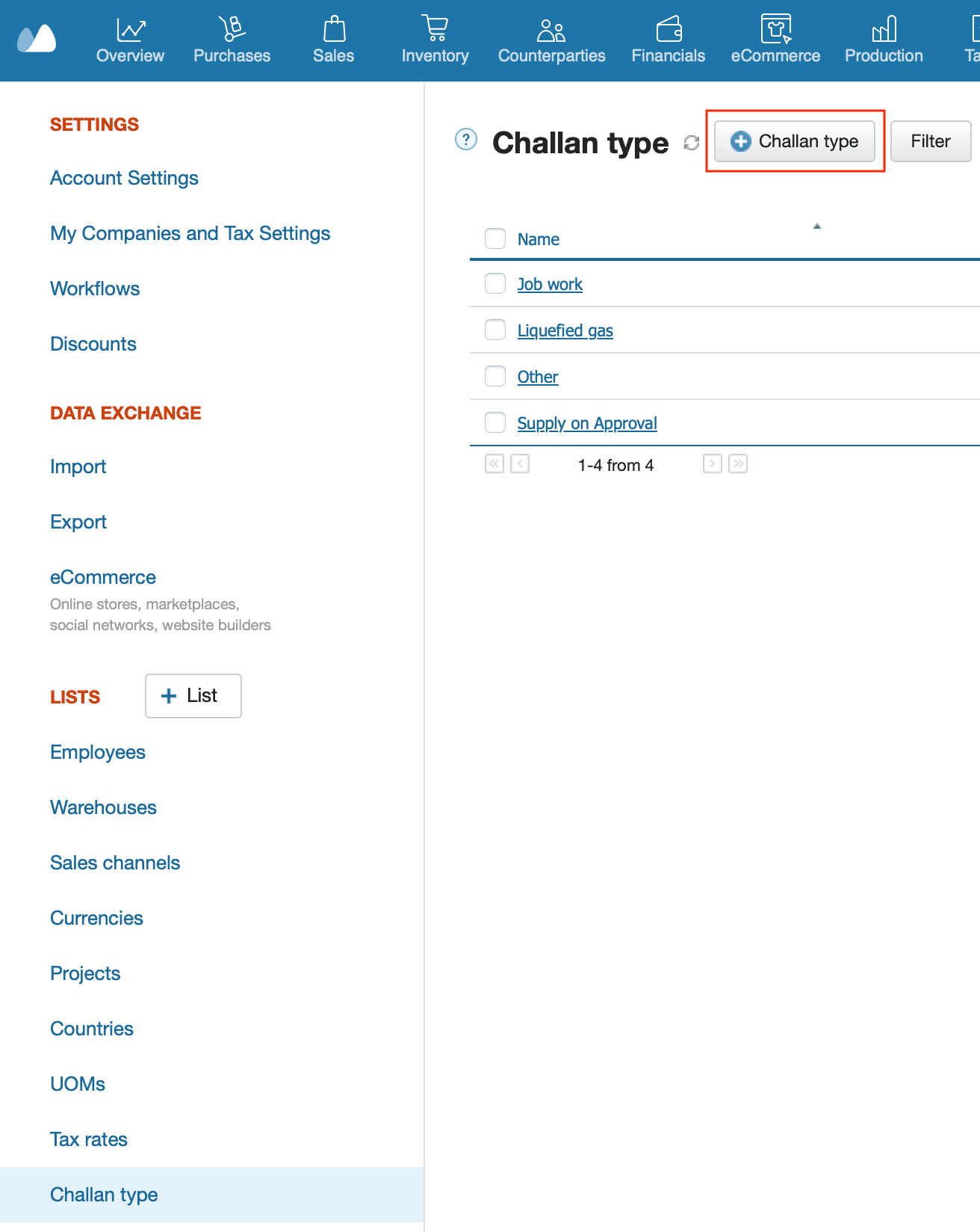 Add Delivery Challan Types in Kladana List List view of different Delivery Challan types created in Kladana