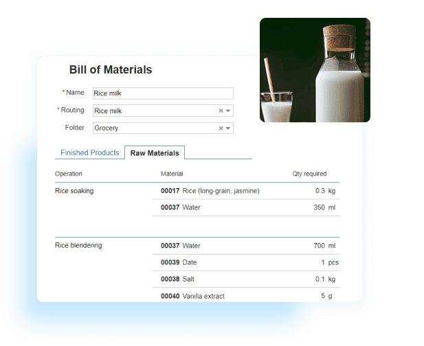 BOM for rice milk detailing required raw material quantities, SKUs, and cost breakdown in Kladana