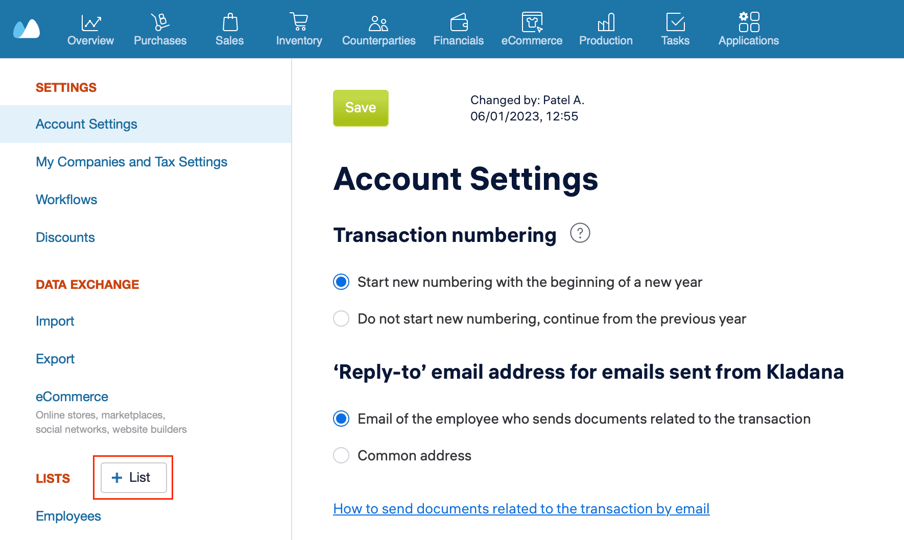 Create Challan Type List in Kladana Settings Kladana settings page showing option to create a new custom list for Delivery Challan types
