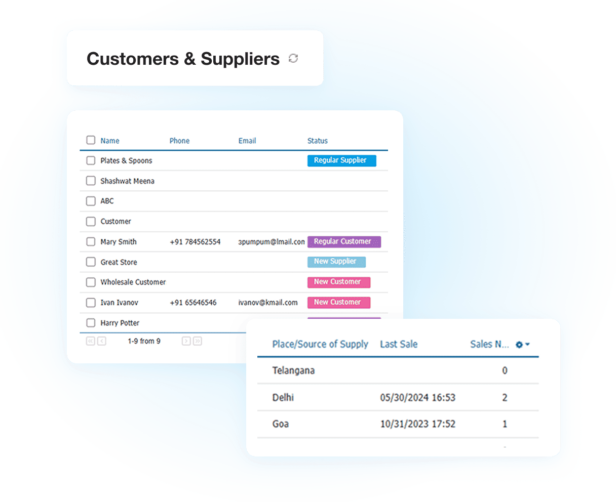 Customer and supplier database showing contacts, linked orders, and segmentation status in Kladana ERP