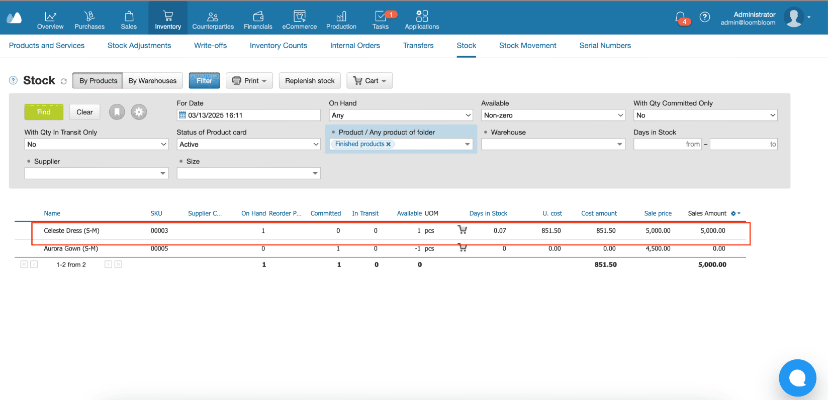 Kladana’s stock screen showing available quantities for finished products, with one dress item highlighted