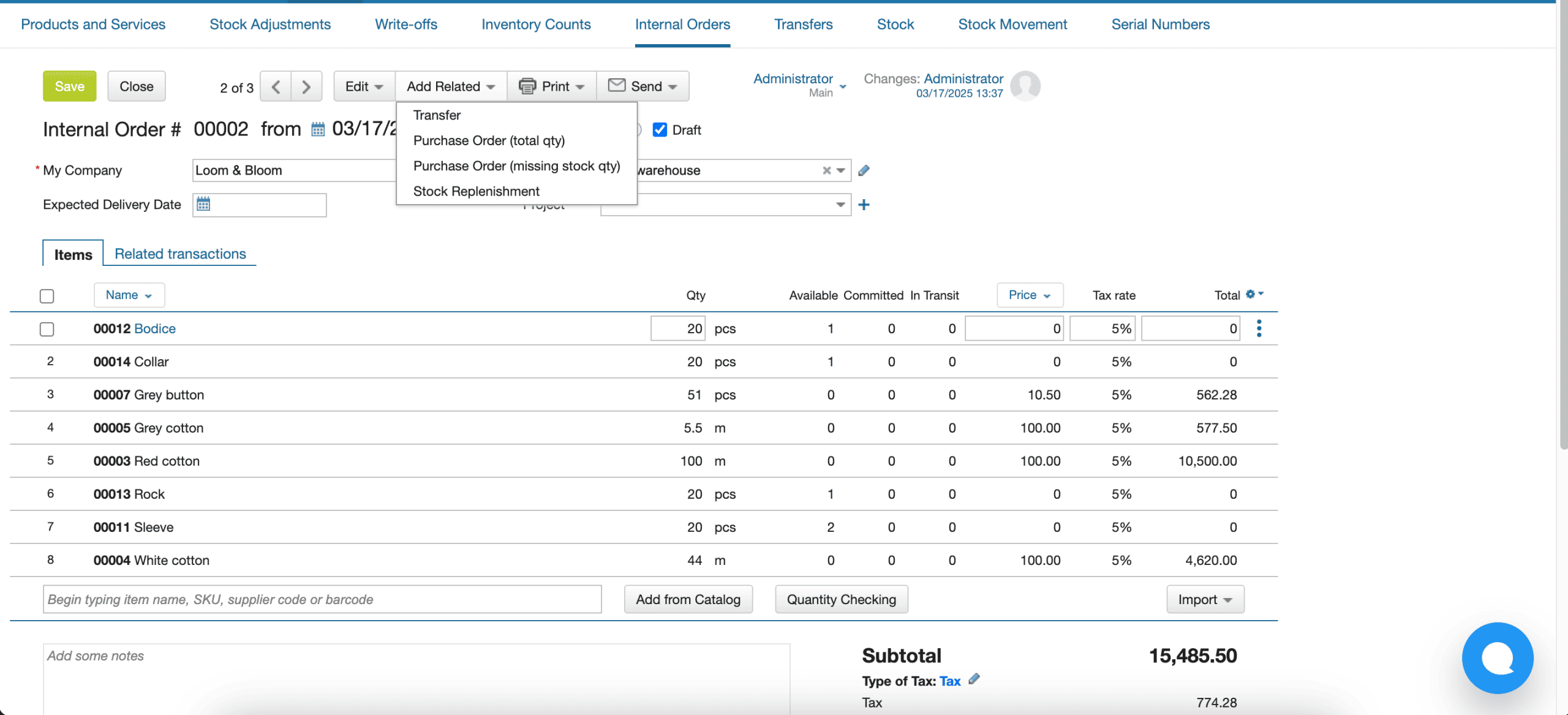 Screenshot of the Kladana software showing the 'Internal Order' screen with the 'Create Purchase Requisition