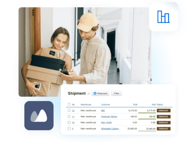 Kladana order management dashboard showing a shipment table with order details like warehouse, customer, total, and paid status