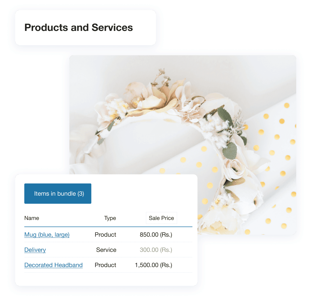 Product bundles with goods and services included, along with sale price