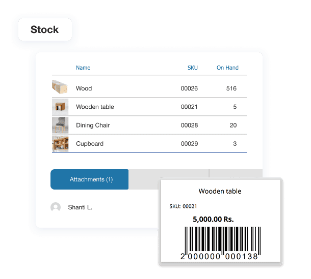 Product cards, stock report, and thermal labels with barcodes, SKUs, and pricing