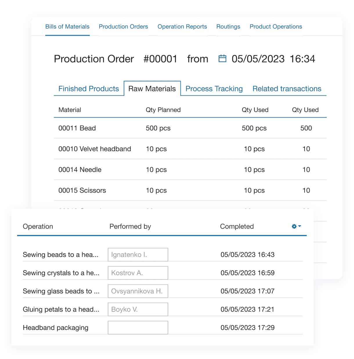 Run production flow, including orders, operation, BOMs, etc.
