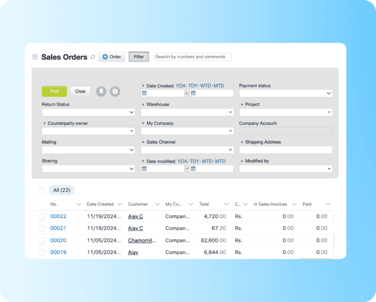 Dashboard with order statuses, invoices, and customer details.