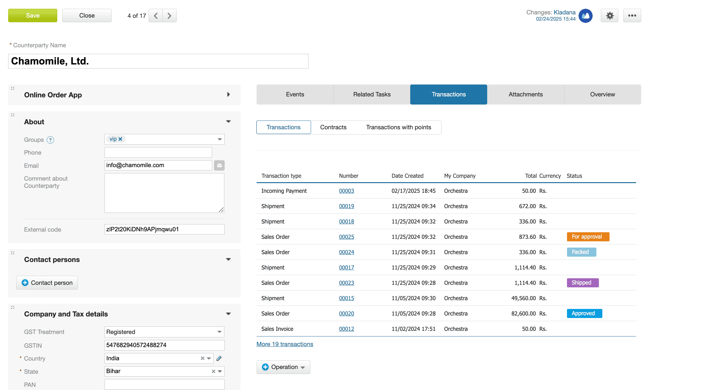 A screenshot of the 'Transactions' tab for a counterparty in Kladana, displaying sales orders and their current approval states