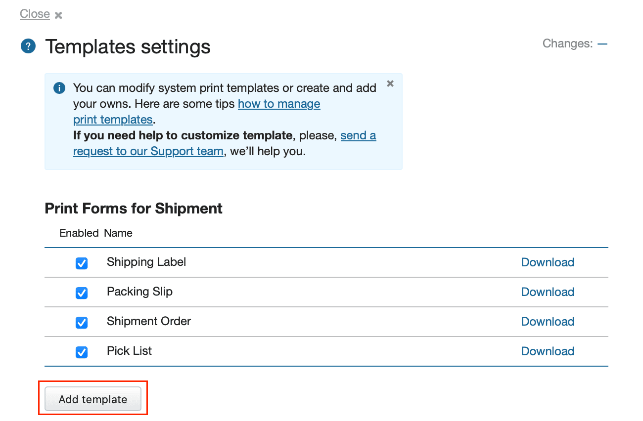 Upload Delivery Challan Template in Kladana Showing Template settings screen in Kladana for adding print forms