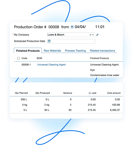 Cost breakdown for a specific production order including material, labor, and operational expenses
