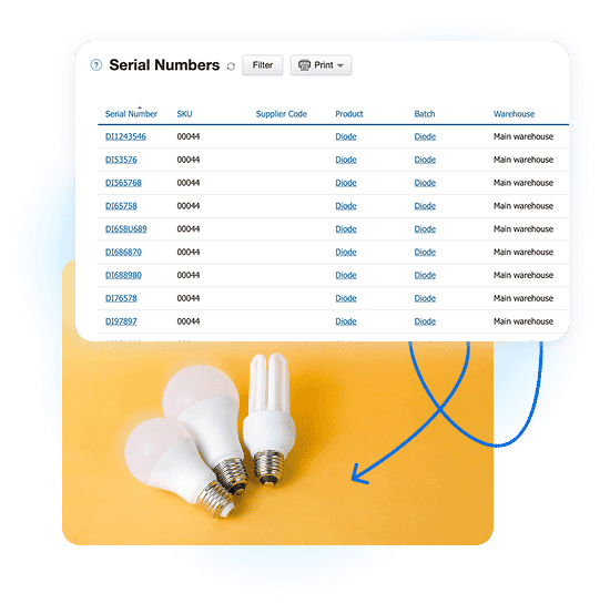 Track serial numbers and batches with linked warehouse locations, inventory movements, and vendor or customer records