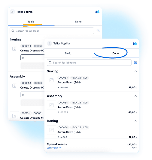 Shop Floor App view for an employee showing assigned operations like sewing, assembly, and ironing, along with task-based earnings for a selected time period