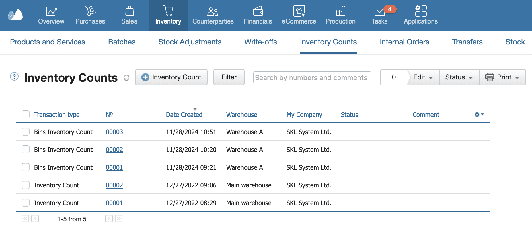 A screenshot demonstrating inventory counts records held in Kladana ERP