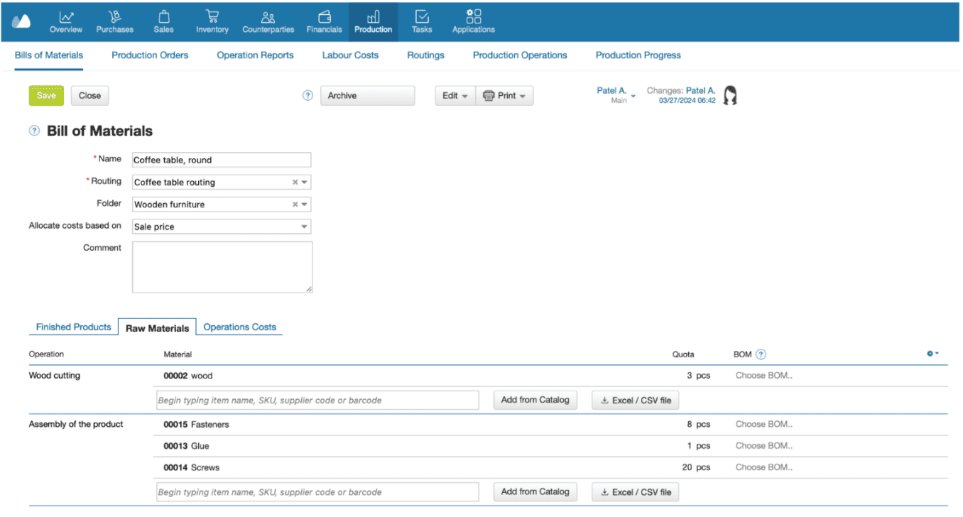 A screenshot showing Kladana’s BOM module