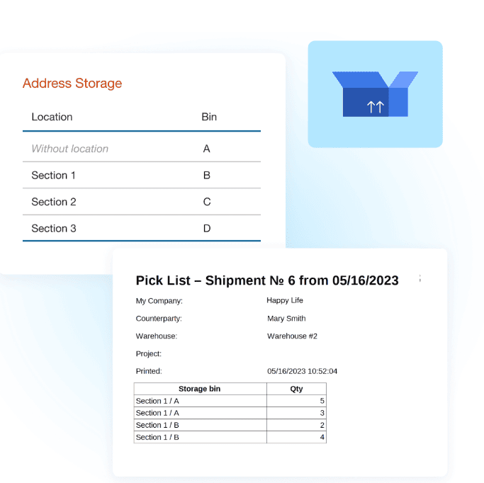 Kladana software interface showing Address Storage with location and bin details, and a Pick List with item storage bin and quantity