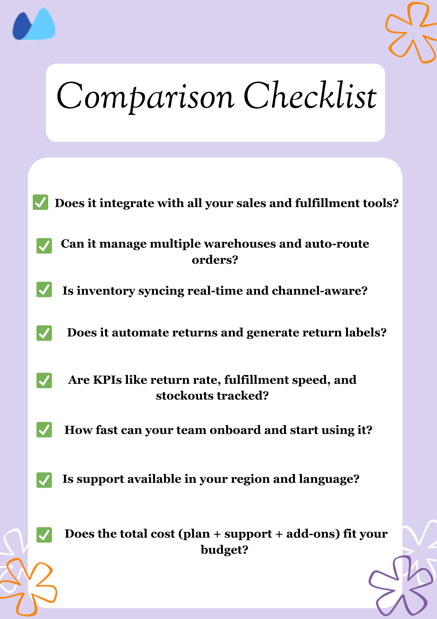 A checklist graphic with a series of questions to ask when choosing an OMS, such as whether it integrates with other tools, manages multiple warehouses, automates returns, and fits within the budget