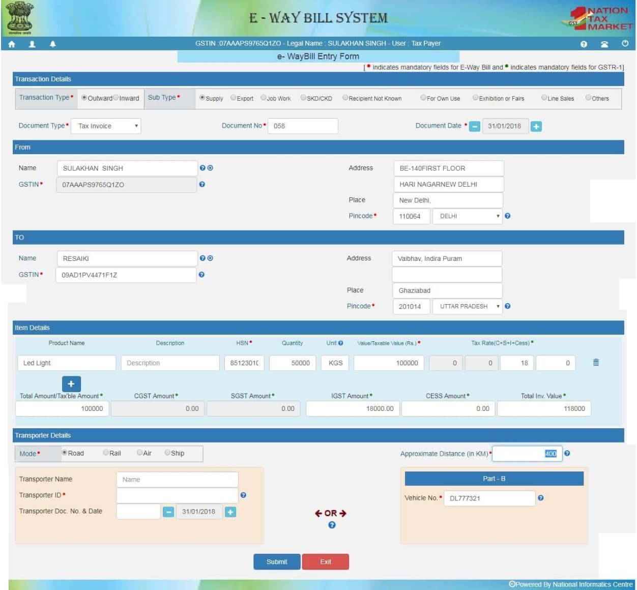 E-Way Bill Form Part A — Transaction and Item Details Screenshot of E-Way Bill Part A form for entering transaction details, sender/recipient information including GSTIN, and comprehensive item details with HSN code and value