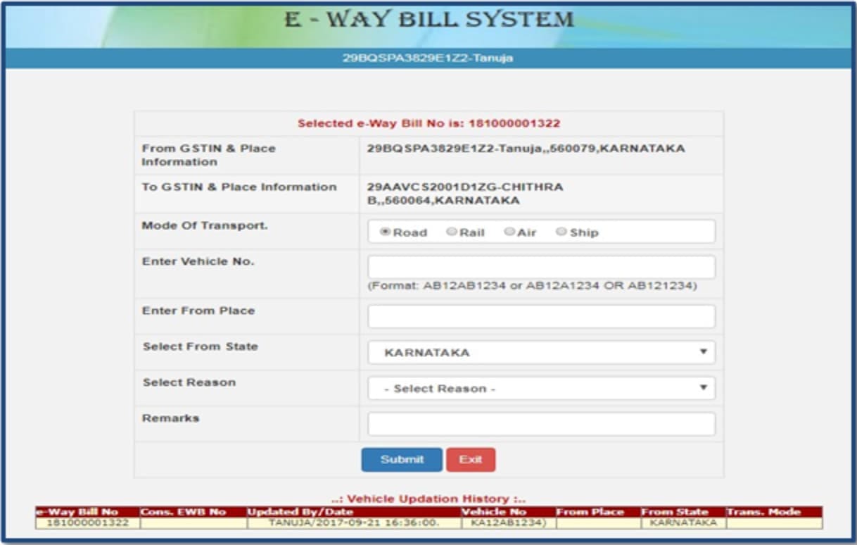 E-Way Bill Form Part B — Transportation Details Entry Screenshot of E-Way Bill Part B form for entering transportation details like vehicle number, mode of transport (road, rail, air, ship), and origin/destination