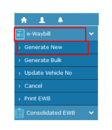Generate New E-Way Bill Menu Option — EWB System Screenshot showing the E-Way Bill and Generate New options highlighted in the navigation menu of the E-Way Bill System, indicating where to click to create a new e-Way Bill.