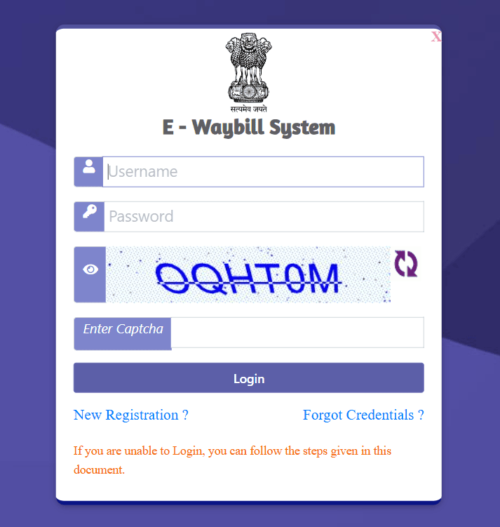 E-Way Bill System User Login Interface Screenshot of the E-Way Bill System login page with fields for username, password, captcha, and options for registration or credential recovery