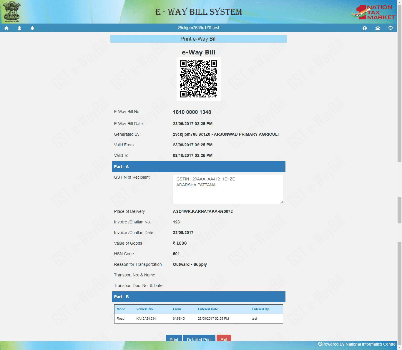 Example of a Generated E-Way Bill with QR Code Full screenshot showing a generated E-Way Bill showing the E-Way Bill number, QR code, validity dates, and complete Part A (recipient, goods value) and Part B (vehicle details) information